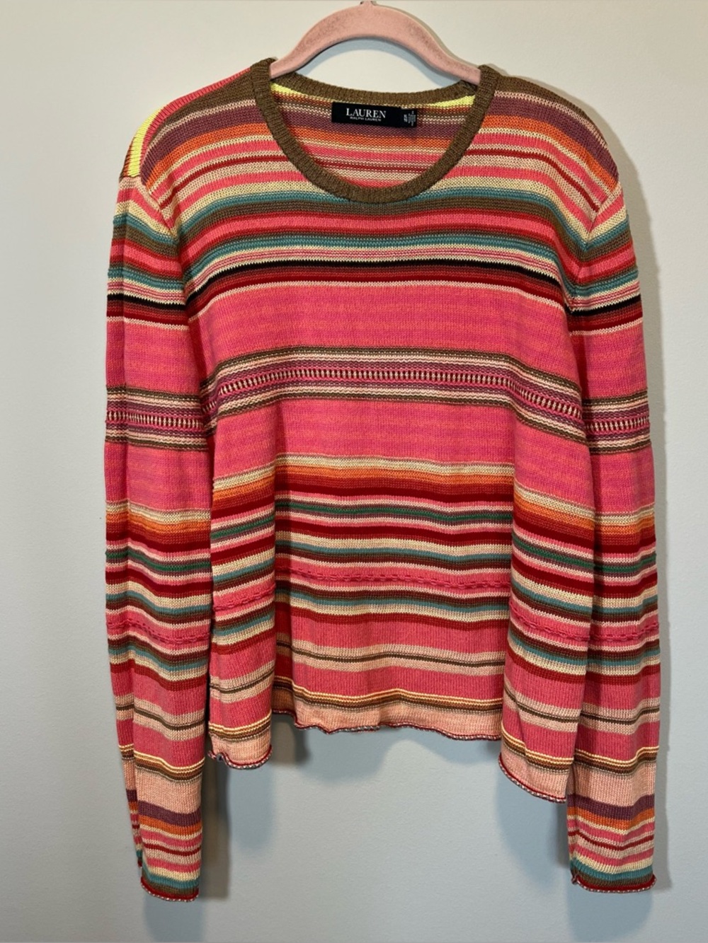 Lauren Ralph‎ Lauren Pink Multicolor Striped Knit Linen Cotton Sweater XL